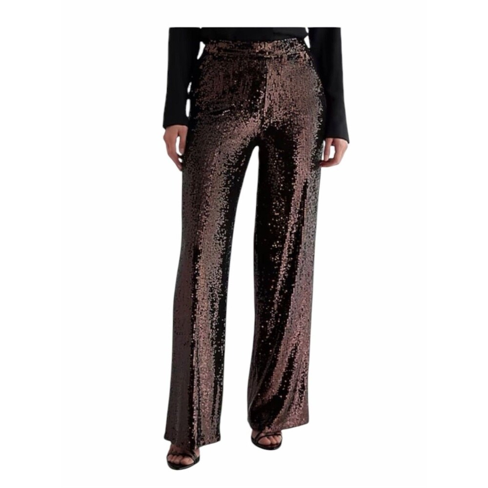 Express Brown Wide Leg Sequin Pants Women 10L Zip Pocket Festive Party Disco New
